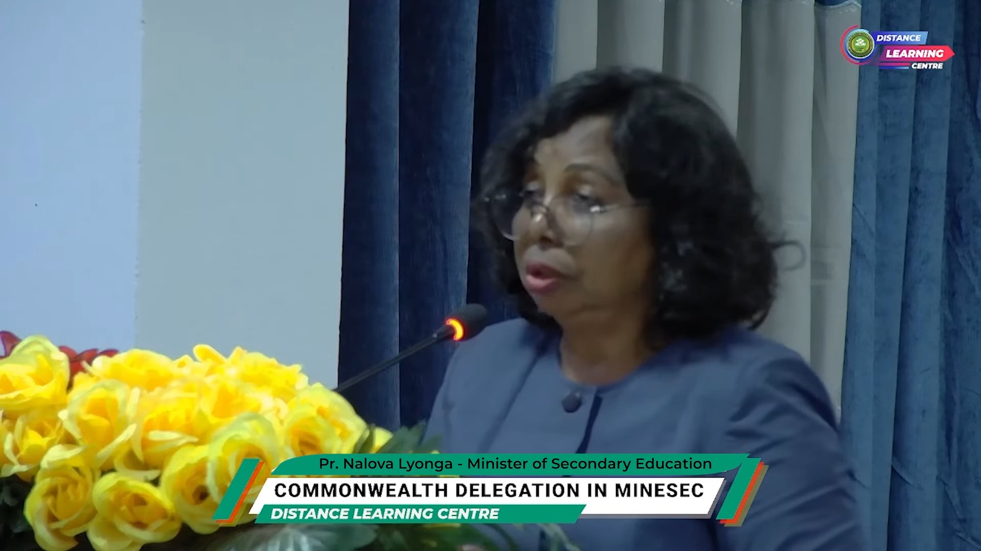 Pr. Nalova Lyonga, Minister of Secondary Education, addressing the Commonwealth delegation at MINESEC in Yaoundé, Cameroon.