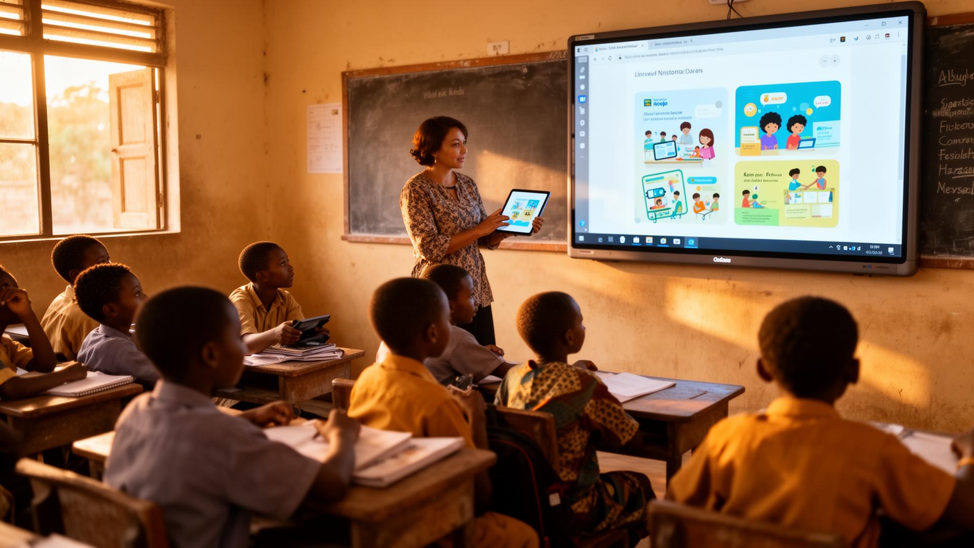 A teacher in an emerging-market classroom using a tablet alongside an interactive display.