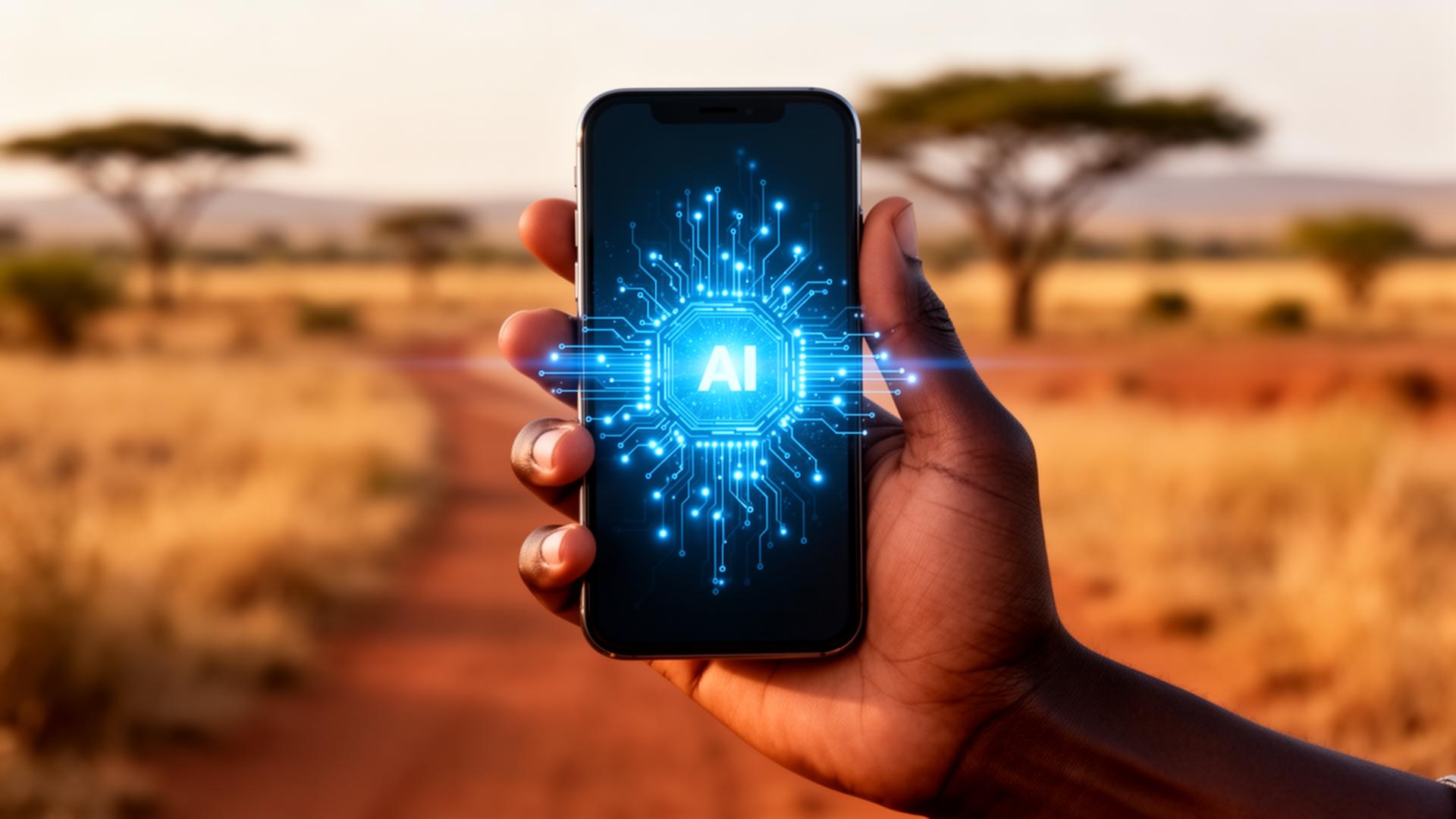 A smartphone running AI inference locally, held in a hand against a rural landscape backdrop.