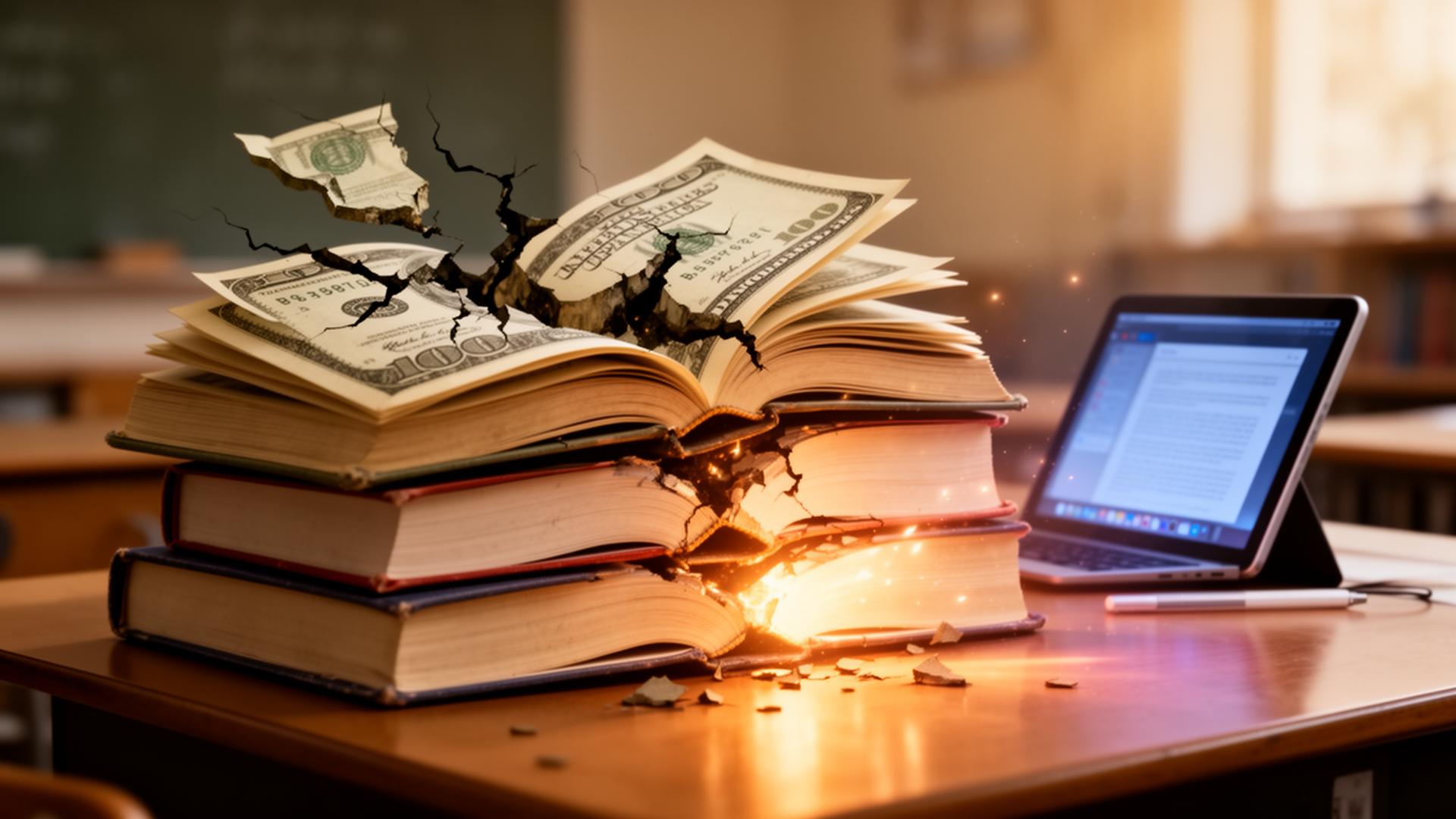 Conceptual illustration: a cracked stack of dollar bills resting on textbooks next to a classroom laptop — the cost of edtech without learning gains.