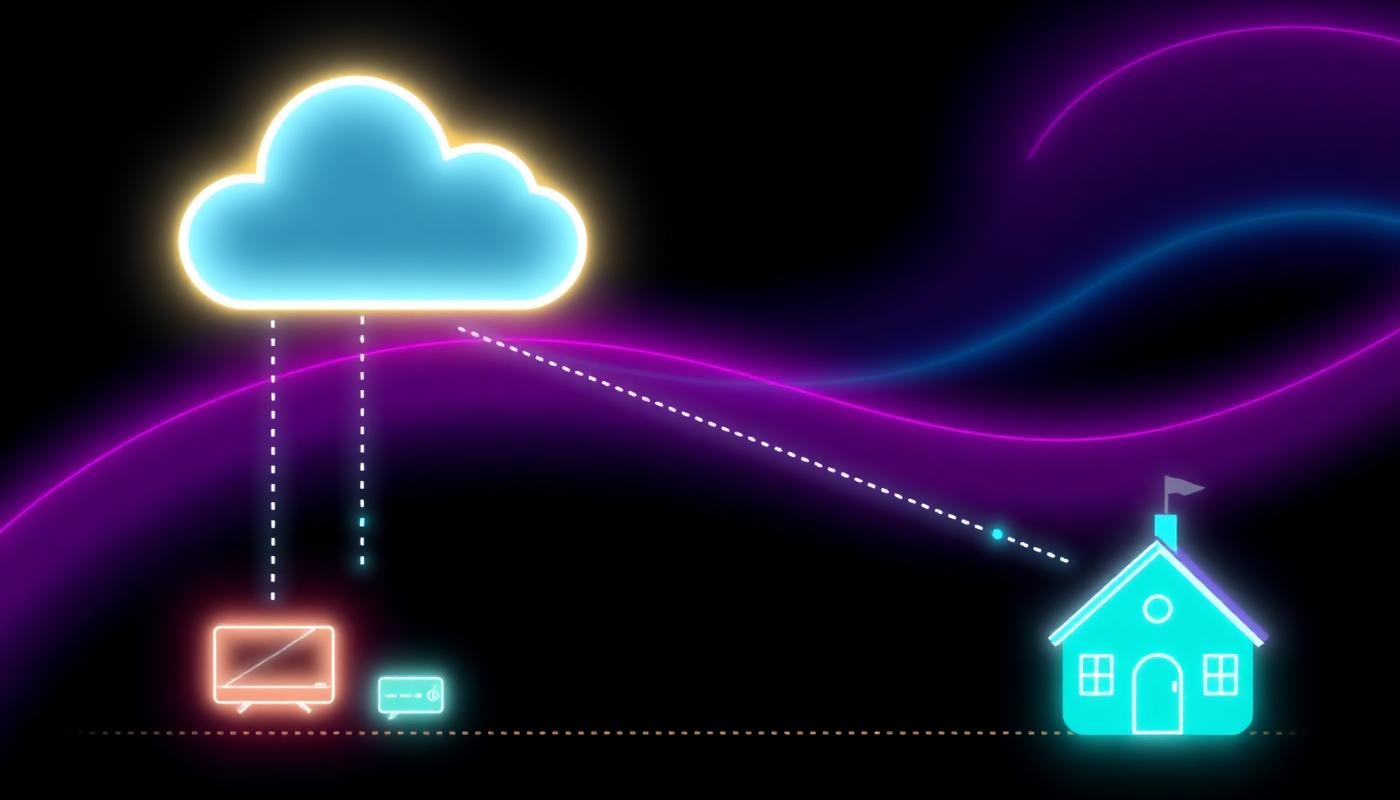 Hybrid cloud-edge architecture connecting a central cloud to local edge devices and a school