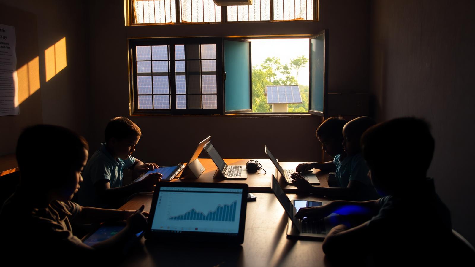Students learning on tablets in a classroom powered by solar panels and a local edge server