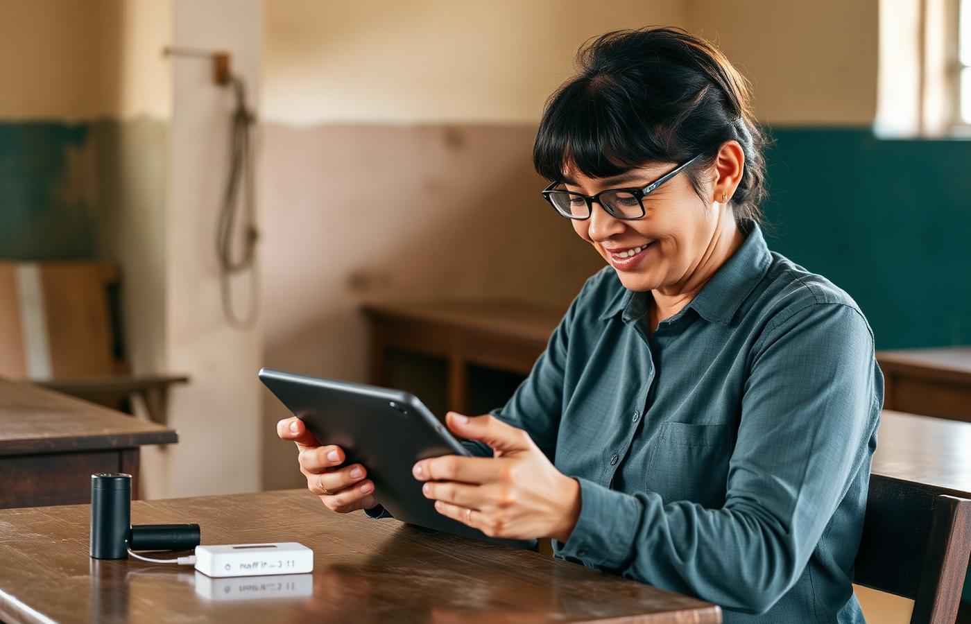 A teacher confidently using a tablet alongside a battery pack and local Wi-Fi access point